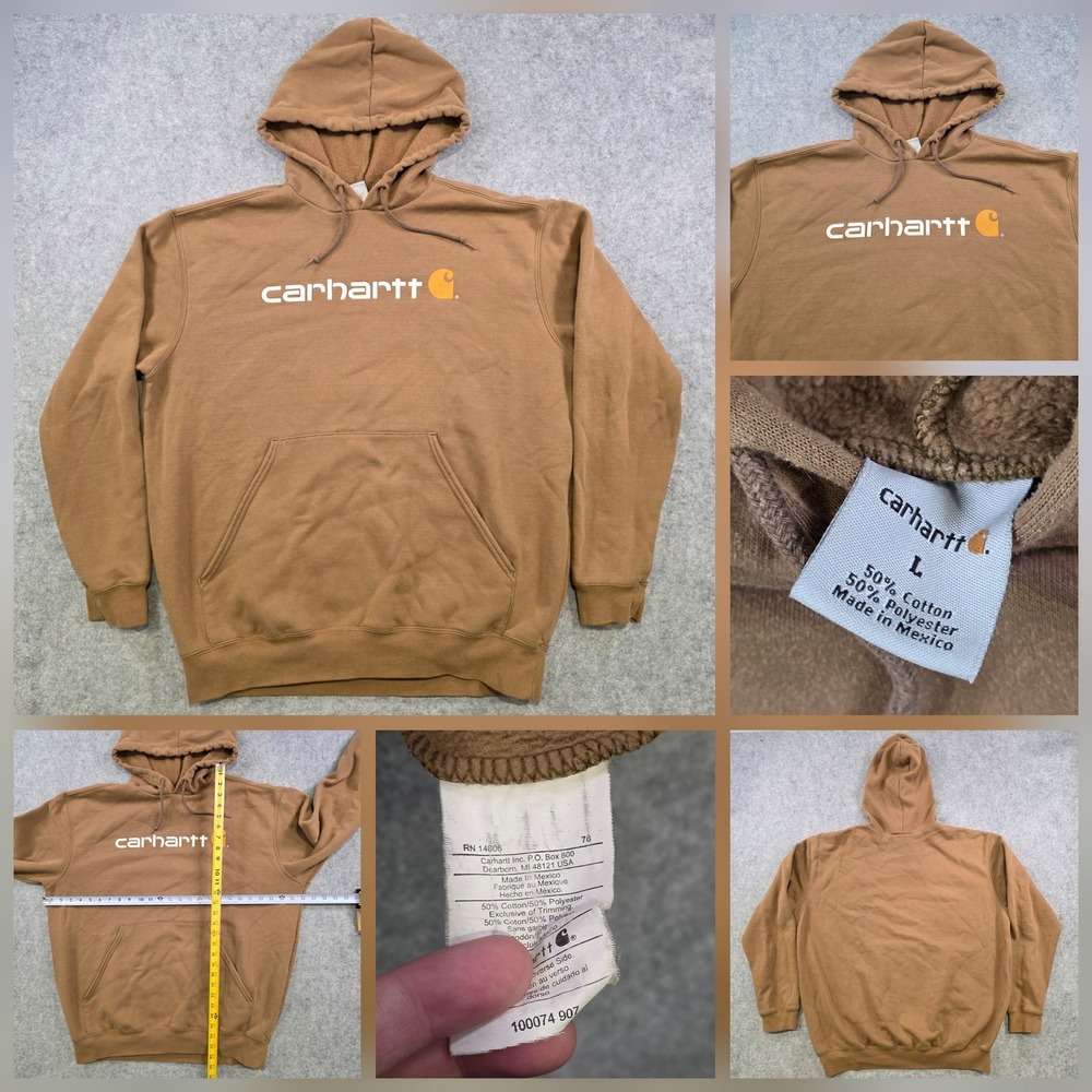 Carhartt Hoodie Mens Large Brown‎ Logo Fleece Workwear Sweatshirt Pullover